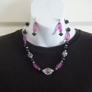 Necklace & Earrings Set Purple-Pink, Clear and Black Beads Diamante Spacers